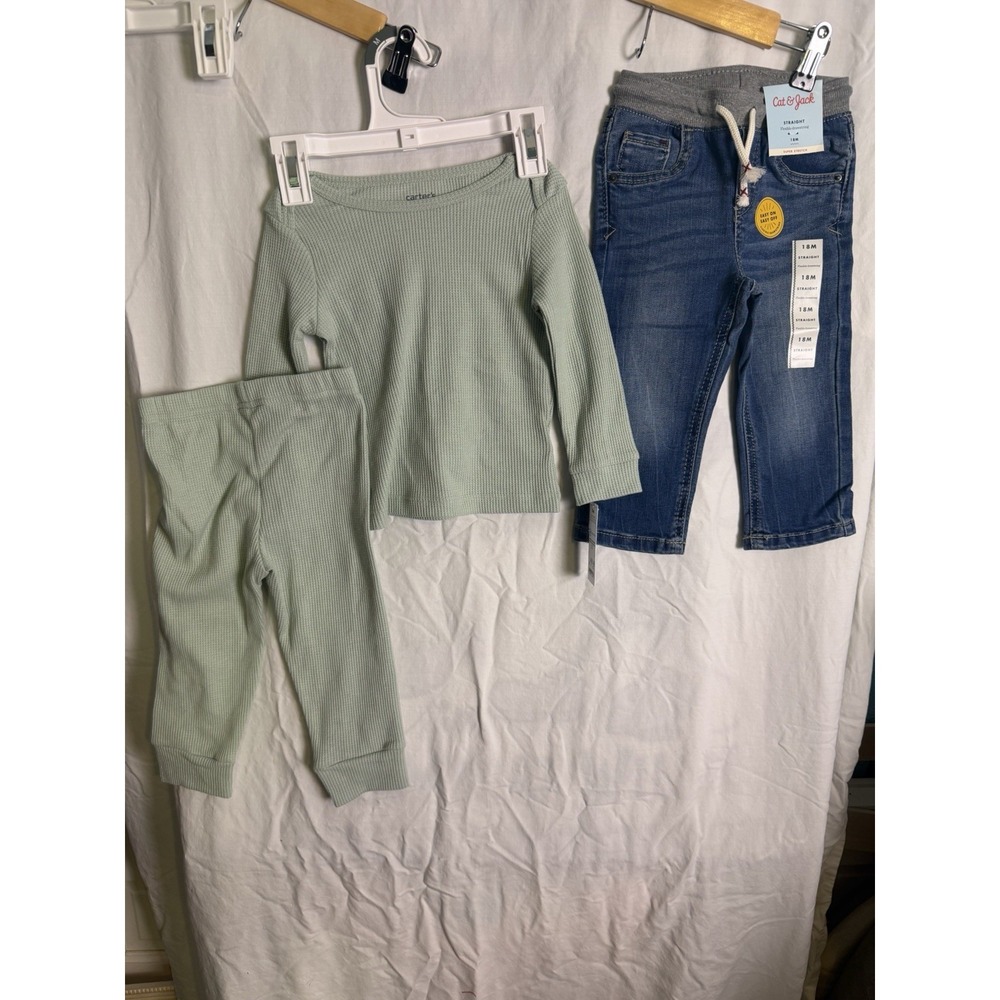 Baby Boys Three-Piece Bundle Green Waffle Knit Set Blue Jeans Size 18 Months New